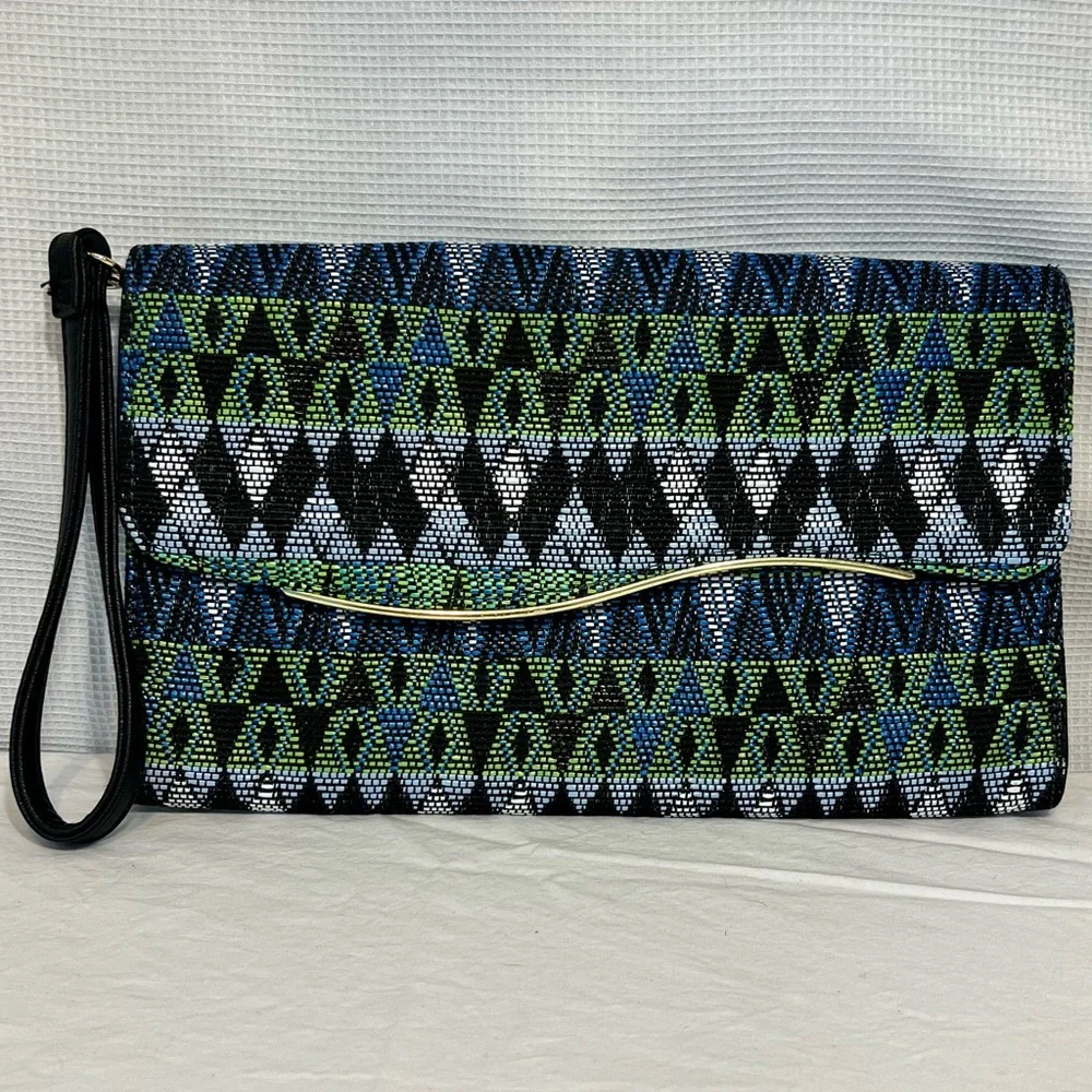 Woven Clutch Bag Wristlet Blue/Green/Black‎ Geometric Abstract Pattern